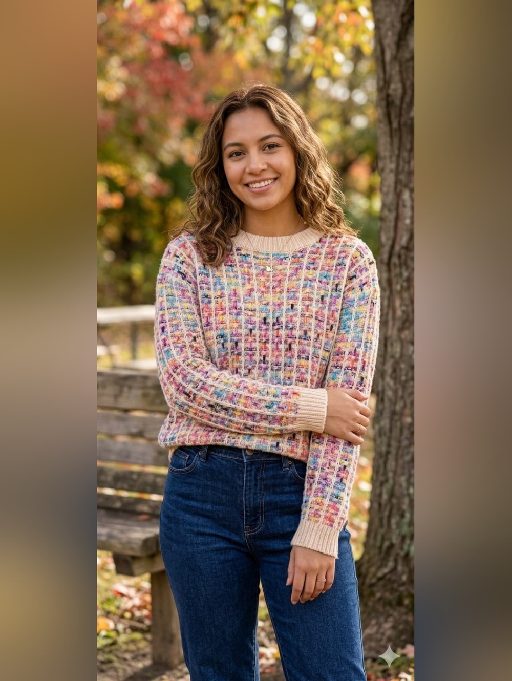 SHEIN Cream Multicolor Waffle-Knit Crewneck Sweater